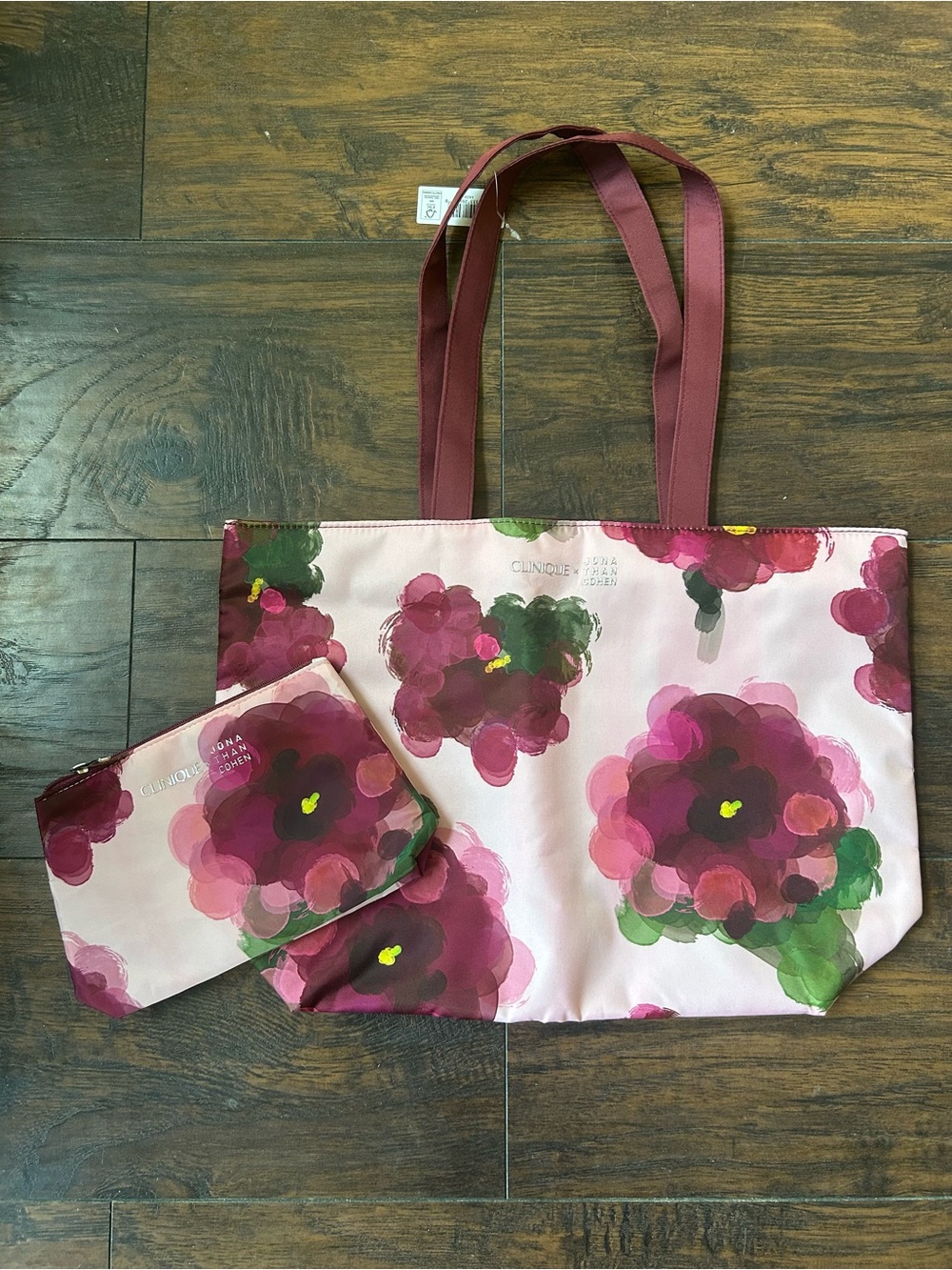 Clinique, Burgundy Floral Tote with Matching Makeup Bag